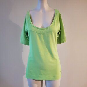 90 Degee Athletic Short Sleeve Green Top Low Scoop Neckline Mesh Yoke Size L
